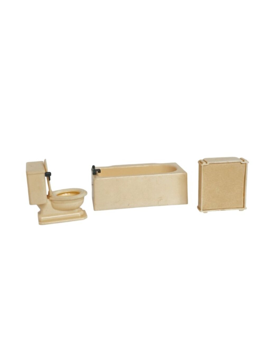 Vtg Tomy Dollhouse Bathroom Set Toilet Bathtub Hamper Beige Plastic 1950s - Picture 4 of 6